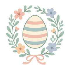 Pastel Striped Easter Egg in Floral Wreath with Ribbon