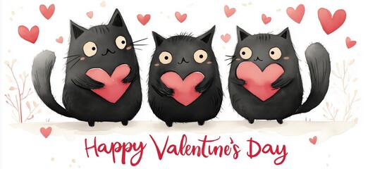 Three black cats holding hearts celebrating Valentine's Day. Three cartoon black cats holding red hearts with floating additional hearts against a white background
