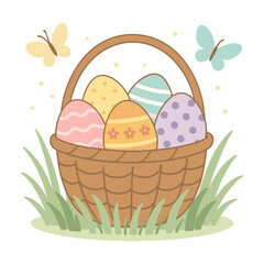 Easter Basket with Painted Eggs, Butterflies and Grass