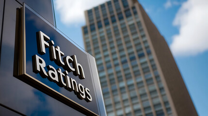 Financial analysis firm, a global company for credit ratings and research.  A close up of the company name, the background is a large building and sky. The letters are metal