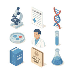 Medical Research Icons Set. Laboratory, DNA, Microscope, Grant
