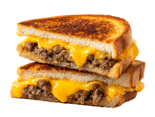 Two Halves of Toasted Sandwich with Melted Cheese and Ground Meat