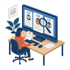 HR Manager Reviewing CV Profiles of Candidates on Computer Screen