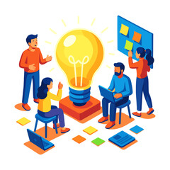 Creative Business Team Brainstorming New Ideas Around Giant Light Bulb