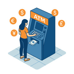 Woman Withdrawing Cash from ATM with Currency Symbols