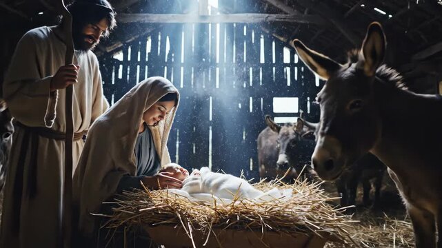 A man and woman looking at a baby in a manger as donkeys and cattle watch in a stable, a humble birth scene for Christmas.