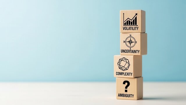 VUCA concept with wooden blocks showing Volatility, Uncertainty, Complexity, and Ambiguity on blue background