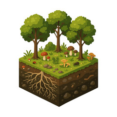 Isometric Cross-Section of Healthy Forest Soil with Roots and Wildlife