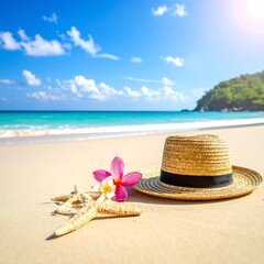 Tropical beach scene with straw hat and flowers