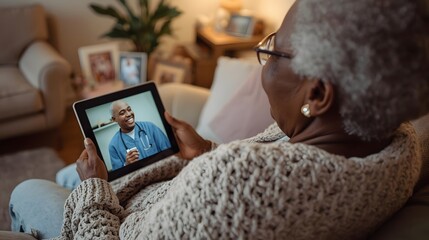 Connected Moments: An elderly person in glasses enjoys a heartfelt video call on a tablet, bridging distance and sharing joy. A tender scene of connection, digital technology and remote communication.