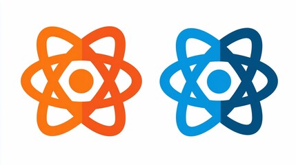 Two stylized, atomic-like icons, one orange, one blue, on a white background
