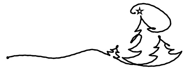 black and white, Merry Christmas decoration. Wavy line with Christmas trees. Year of the horse, Chinese New Year 2026 banner with blue horse and clouds, gold manner and stars