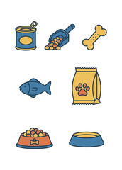 Pet food and supplies icon set isolated on black background