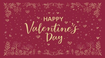 Happy Valentine's Day gold glitter greeting with floral ornament. Gold happy Valentine's Day text on a red background with decorative floral elements