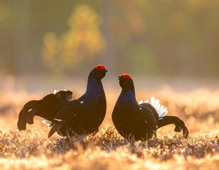Two black grouse in a sunlit meadow