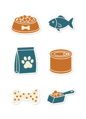 Pet food assortment fish kibble canned food and bone icons