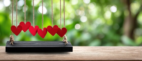 Black wooden swing with red paper hearts in a park, surrounded by green trees on a sunny day, inviting a moment of joy and connection
