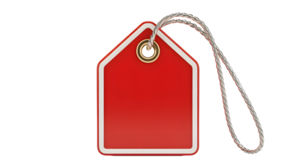 Vibrant red blank price tag or label with a shiny border and metallic string isolated on transparent background