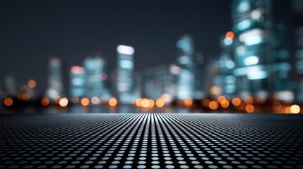 Abstract urban background featuring a dark, bokeh city skyline with a textured dot pattern in the foreground, ideal for modern design and technology themes