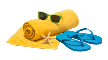 A vibrant collection of beach essentials including a yellow towel, green sunglasses, and blue flip-flops isolated on transparent background