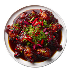 Spicy Korean Fried Chicken Dakgangjeong in White Bowl with Red Chili Peppers, Rosemary, isolated on transparent background