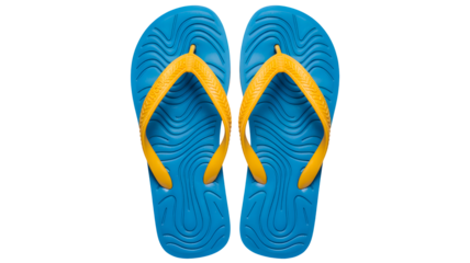 A vibrant pair of blue flip-flops with contrasting yellow straps ready for summer isolated on transparent background