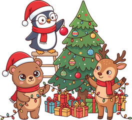 penguin and deer decorating a christmas tree together