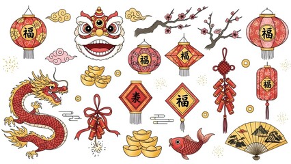 Hand drawn design elements collection for chinese new year festival