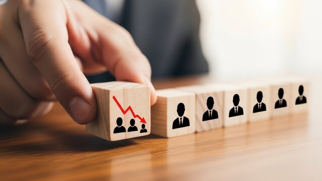 Businessman holding wooden cube with red downward arrow and people icons, concept of staff reduction, downsizing and business layoffs in economic crisis - Powered by Adobe