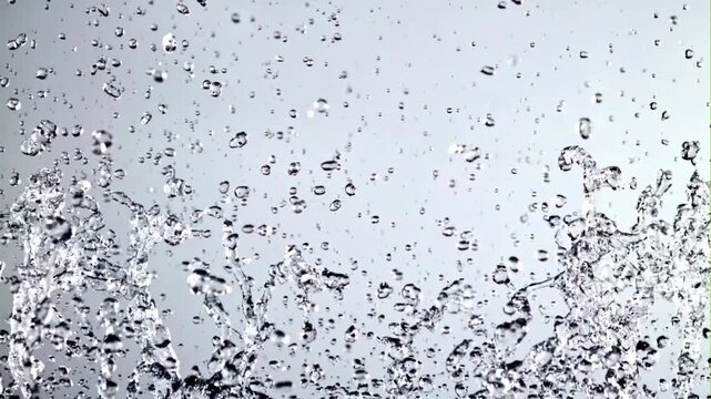 A dramatic spray of water droplets frozen midair against a pale, cloudy sky, lively and energetic!!!