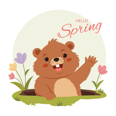 Obraz premium Cute joyful groundhog looking out of a hole, smiling and waving paw.Hello spring. Springtime prints design. Template for cards, posters, postcards, prints and stickers. Isolated vector illustration.