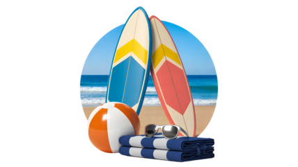 Perfect beach day setup with surfboards, a beach ball, and towels ready for summer fun isolated on transparent background
