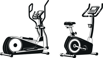 Fitness gym cardio equipment silhouette set featuring elliptical trainer and stationary exercise bike, modern home workout machine illustration in black and white vector