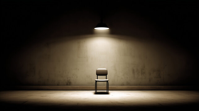 Empty theater rehearsal hall with a single spotlight on a central chair casting dramatic shadows. real-estate listings.