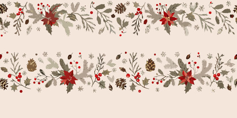 A festive border with poinsettias berries and pinecones for seasonal decor © MituRani