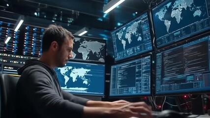 A man works with data displayed on multiple screens in a dimly lit room - Powered by Adobe