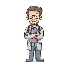 Fototapeta premium Cartoon male doctor with glasses and a stethoscope stands confidently with arms crossed, embodying a friendly and professional healthcare expert.