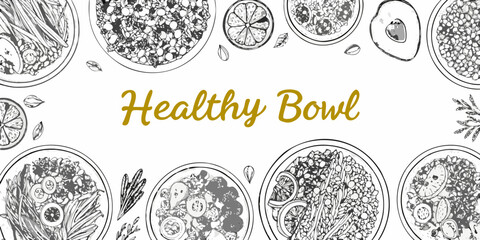 A colorful sketched arrangement of healthy bowls and fresh fruit elements © MituRani