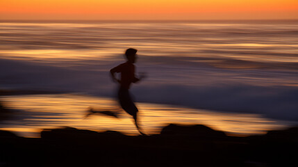 Runner's silhouette against ocean horizon at dawn, motion blur enhancing dynamic energy. event key visuals, club posters, designed for fitness apps and gym onboarding, boosts motivation.