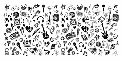 A whimsical collection of music themed doodles and illustrations in black and white