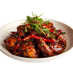 Spicy Korean Fried Chicken Dakgangjeong in White Bowl with Red Chili Peppers, Rosemary, isolated on transparent background