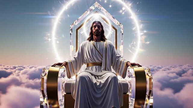 Jesus Christ, a man with radiant light behind him, sits on a crystalline throne above a cloudy sky, for biblical worship and religious concept