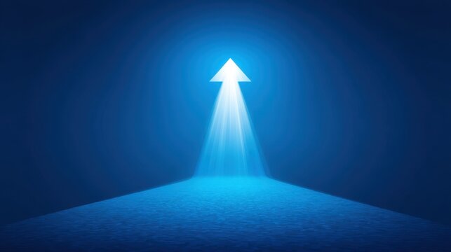 Bright blue arrow symbolizing upward movement and direction in a serene abstract background with light rays emerging from darkness, inspiration concept