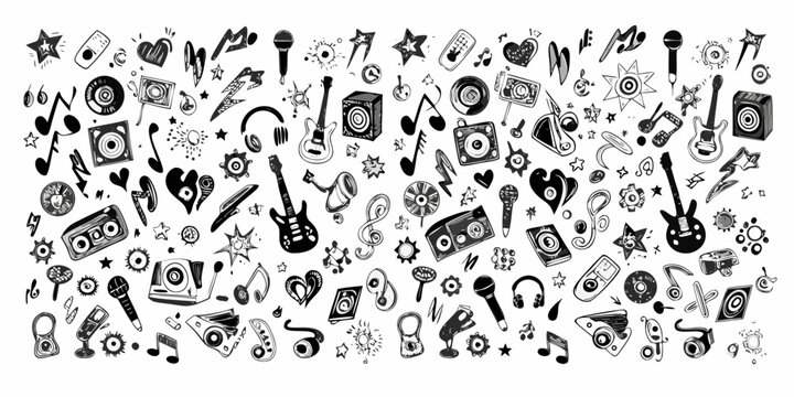 A whimsical collection of music themed doodles and illustrations in black and white