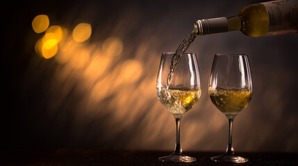 Two glasses of white wine being poured from a bottle, capturing liquid motion against a dark background. bar promotions, beverage menus, designed for product packaging and bar promotions.