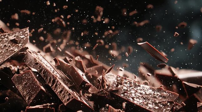 Exploding dark chocolate fragments against a dark background.