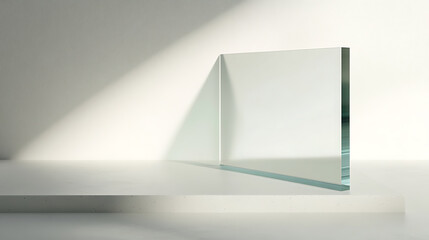 Elegant, minimal architectural design featuring clean lines and the interplay of light and shadow on a stark white surface with a glass-like material showcasing its transparency.