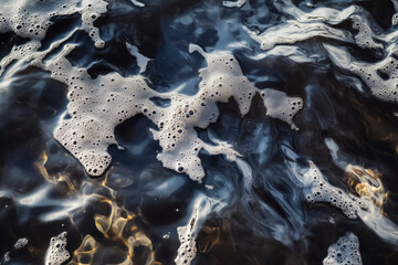 Abstract dark water surface with natural foam patterns creating dramatic environmental background symbolizing pollution climate change and ocean processes