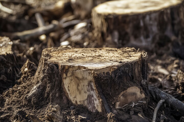 Tree stumps left after deforestation highlighting environmental damage forest loss climate change and human impact on nature