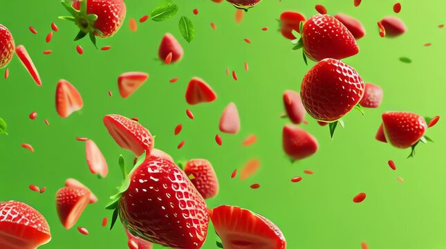Fresh strawberries and slices in mid-air against a green background